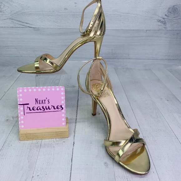 Vince Camuto CAMRON Ankle Strap Gold Leather Metallic High Heel Sandals Size 8 M - Picture 2 of 11